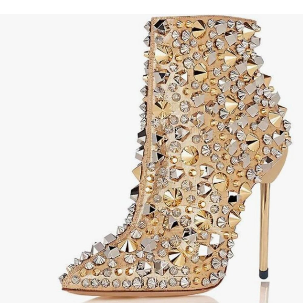 FSJ Gold High Heel Ankle Boots with Rivets Pointed Toe Stilettos Zipper Shoes